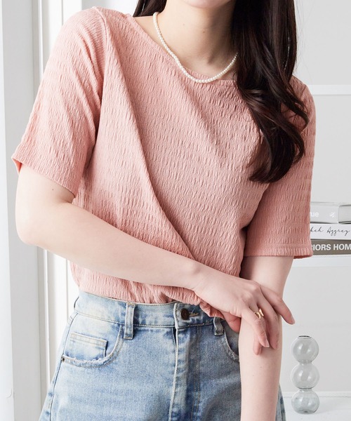 Viola e Viola(ヴィオラエヴィオラ)の「ポコポコ素材Tシャツ(Tシャツ/カットソー・レディース・ブラック/ネイビー/イエロー/ピンク/ホワイト・M/L/LL)」の20枚目の写真