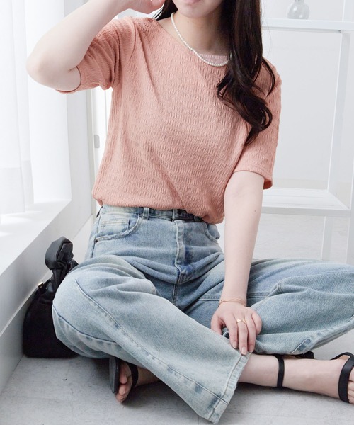 Viola e Viola(ヴィオラエヴィオラ)の「ポコポコ素材Tシャツ(Tシャツ/カットソー・レディース・ブラック/ネイビー/イエロー/ピンク/ホワイト・M/L/LL)」の22枚目の写真
