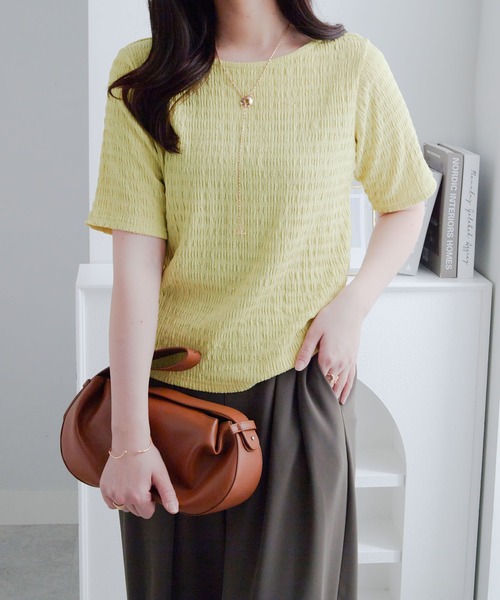 Viola e Viola(ヴィオラエヴィオラ)の「ポコポコ素材Tシャツ(Tシャツ/カットソー・レディース・ブラック/ネイビー/イエロー/ピンク/ホワイト・M/L/LL)」の8枚目の写真