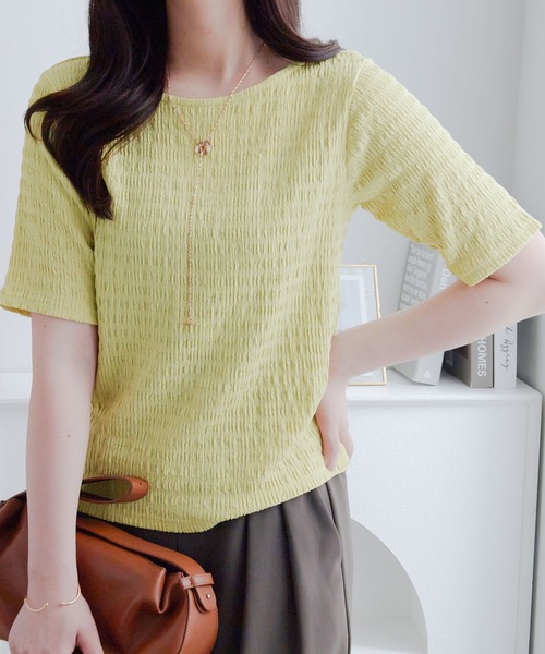 Viola e Viola(ヴィオラエヴィオラ)の「ポコポコ素材Tシャツ(Tシャツ/カットソー・レディース・ブラック/ネイビー/イエロー/ピンク/ホワイト・M/L/LL)」の7枚目の写真