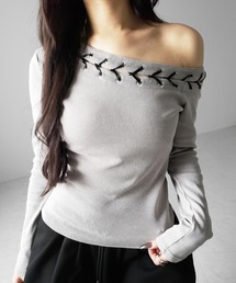 【 2color 】ヴィンテージカットアウトレースアップワンショルリブトップス / vintage cutout laceup one shoulder lib tops ※※