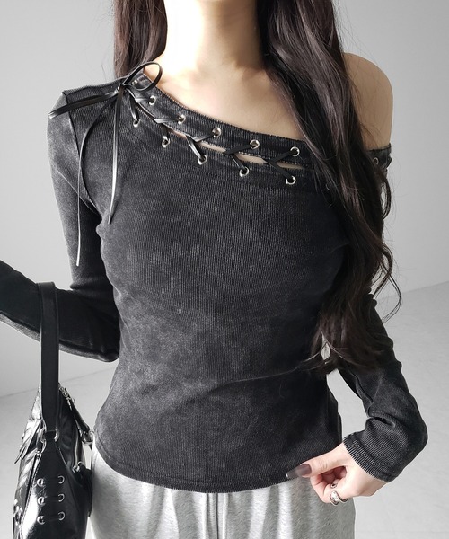 me+em select(ミームセレクト)の「【 2color 】ヴィンテージカットアウトレースアップワンショルリブトップス / vintage cutout laceup one shoulder lib tops ※※(Tシャツ/カットソー・レディース・ブラック/グレー・FREE)」の10枚目の写真