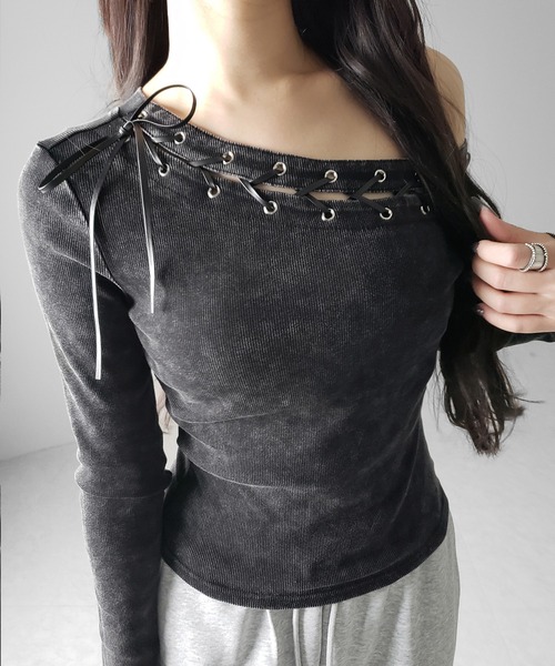 me+em select(ミームセレクト)の「【 2color 】ヴィンテージカットアウトレースアップワンショルリブトップス / vintage cutout laceup one shoulder lib tops ※※(Tシャツ/カットソー・レディース・ブラック/グレー・FREE)」の11枚目の写真