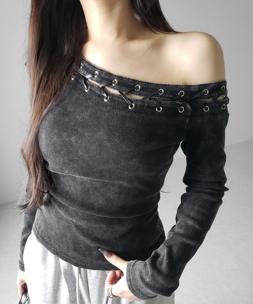 me+em select(ミームセレクト)の「【 2color 】ヴィンテージカットアウトレースアップワンショルリブトップス / vintage cutout laceup one shoulder lib tops ※※(Tシャツ/カットソー・レディース・ブラック/グレー・FREE)」の9枚目の写真