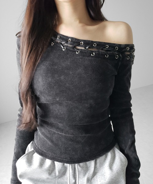 me+em select(ミームセレクト)の「【 2color 】ヴィンテージカットアウトレースアップワンショルリブトップス / vintage cutout laceup one shoulder lib tops ※※(Tシャツ/カットソー・レディース・ブラック/グレー・FREE)」の12枚目の写真