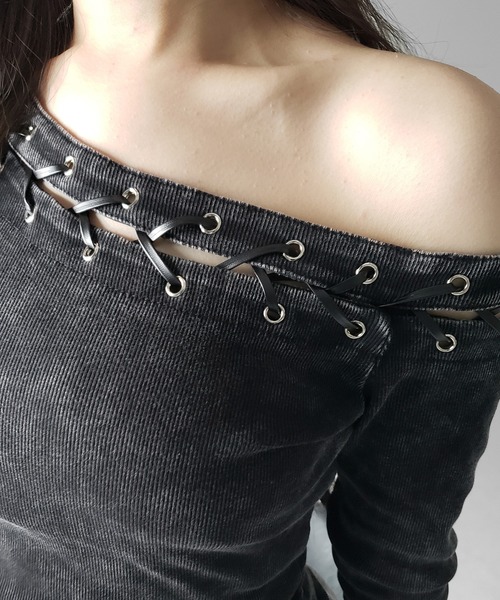me+em select(ミームセレクト)の「【 2color 】ヴィンテージカットアウトレースアップワンショルリブトップス / vintage cutout laceup one shoulder lib tops ※※(Tシャツ/カットソー・レディース・ブラック/グレー・FREE)」の13枚目の写真