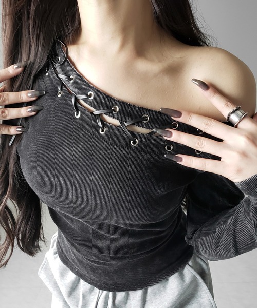 me+em select(ミームセレクト)の「【 2color 】ヴィンテージカットアウトレースアップワンショルリブトップス / vintage cutout laceup one shoulder lib tops ※※(Tシャツ/カットソー・レディース・ブラック/グレー・FREE)」の14枚目の写真