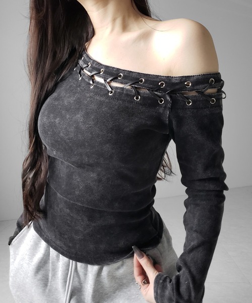 me+em select(ミームセレクト)の「【 2color 】ヴィンテージカットアウトレースアップワンショルリブトップス / vintage cutout laceup one shoulder lib tops ※※(Tシャツ/カットソー・レディース・ブラック/グレー・FREE)」の15枚目の写真