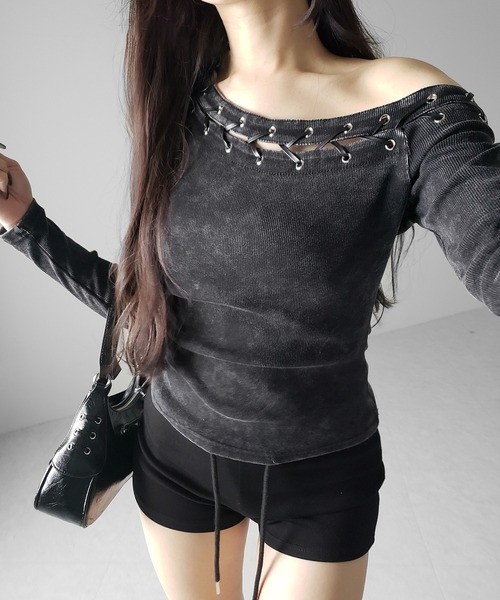 me+em select(ミームセレクト)の「【 2color 】ヴィンテージカットアウトレースアップワンショルリブトップス / vintage cutout laceup one shoulder lib tops ※※(Tシャツ/カットソー・レディース・ブラック/グレー・FREE)」の19枚目の写真