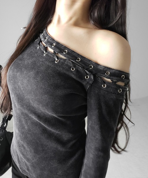 me+em select(ミームセレクト)の「【 2color 】ヴィンテージカットアウトレースアップワンショルリブトップス / vintage cutout laceup one shoulder lib tops ※※(Tシャツ/カットソー・レディース・ブラック/グレー・FREE)」の21枚目の写真