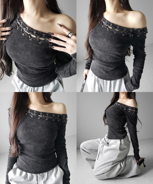 me+em select(ミームセレクト)の「【 2color 】ヴィンテージカットアウトレースアップワンショルリブトップス / vintage cutout laceup one shoulder lib tops ※※(Tシャツ/カットソー・レディース・ブラック/グレー・FREE)」の6枚目の写真