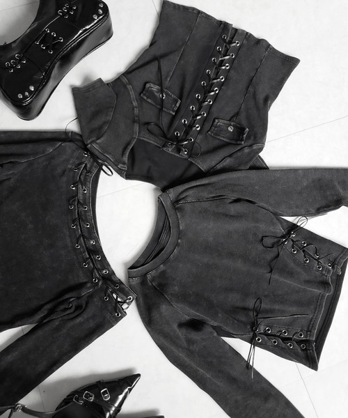 me+em select(ミームセレクト)の「【 2color 】ヴィンテージカットアウトレースアップワンショルリブトップス / vintage cutout laceup one shoulder lib tops ※※(Tシャツ/カットソー・レディース・ブラック/グレー・FREE)」の4枚目の写真