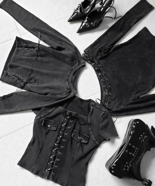 me+em select(ミームセレクト)の「【 2color 】ヴィンテージカットアウトレースアップワンショルリブトップス / vintage cutout laceup one shoulder lib tops ※※(Tシャツ/カットソー・レディース・ブラック/グレー・FREE)」の5枚目の写真