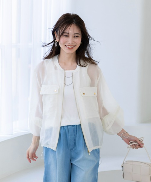 UNDOVE(アンドゥーブ)の「ゴールドジップシアーブルゾン (サマージャケット/透け感/涼しい/シアー素材/胸元ポケット/ドロスト有/ゆったり)(ブルゾン・レディース・ブラック/ホワイト・MEDIUM/LARGE/X-LARGE)」の10枚目の写真