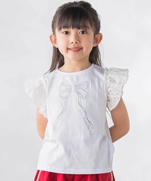 BeBe Petits Pois Vert | 袖異素材リボン刺しゅうTシャツ(Tシャツ/カットソー)