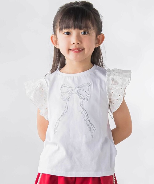 BeBe Petits Pois Vert(ベベプチポワヴェール)の「袖異素材リボン刺しゅうTシャツ(Tシャツ/カットソー・キッズ・ピンク/ネイビー/ホワイト・110cm/120cm/130cm/140cm/150cm)」の1枚目の写真