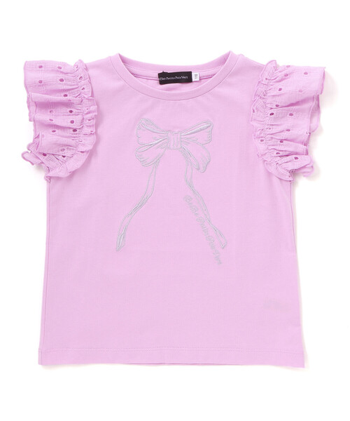 BeBe Petits Pois Vert(ベベプチポワヴェール)の「袖異素材リボン刺しゅうTシャツ(Tシャツ/カットソー・キッズ・ピンク/ネイビー/ホワイト・110cm/120cm/130cm/140cm/150cm)」の3枚目の写真