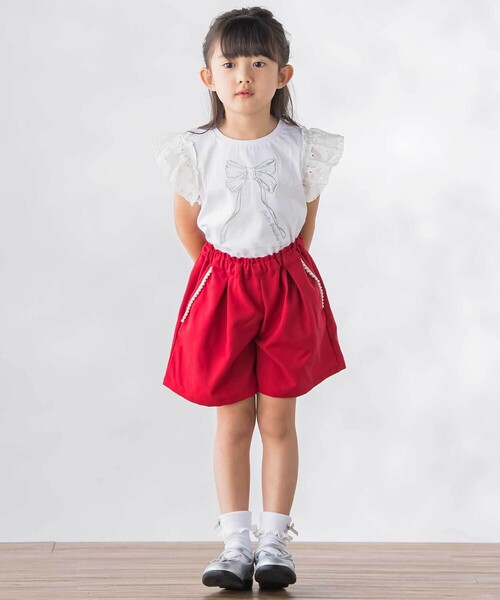 BeBe Petits Pois Vert(ベベプチポワヴェール)の「袖異素材リボン刺しゅうTシャツ(Tシャツ/カットソー・キッズ・ピンク/ネイビー/ホワイト・110cm/120cm/130cm/140cm/150cm)」の6枚目の写真