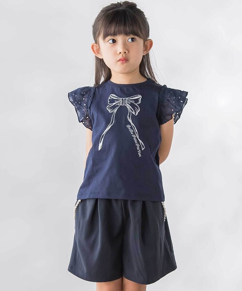 BeBe Petits Pois Vert(ベベプチポワヴェール)の「袖異素材リボン刺しゅうTシャツ(Tシャツ/カットソー・キッズ・ピンク/ネイビー/ホワイト・110cm/120cm/130cm/140cm/150cm)」の7枚目の写真