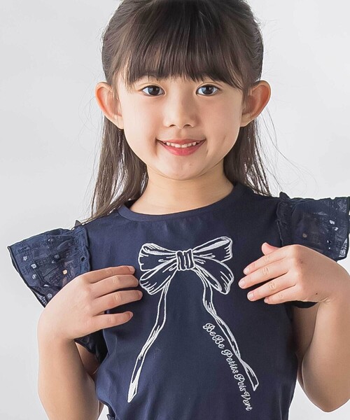 BeBe Petits Pois Vert(ベベプチポワヴェール)の「袖異素材リボン刺しゅうTシャツ(Tシャツ/カットソー・キッズ・ピンク/ネイビー/ホワイト・110cm/120cm/130cm/140cm/150cm)」の8枚目の写真