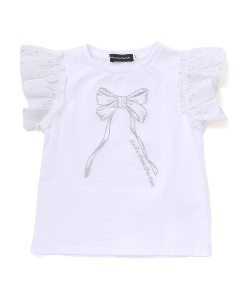 BeBe Petits Pois Vert(ベベプチポワヴェール)の「袖異素材リボン刺しゅうTシャツ(Tシャツ/カットソー・キッズ・ピンク/ネイビー/ホワイト・110cm/120cm/130cm/140cm/150cm)」の9枚目の写真