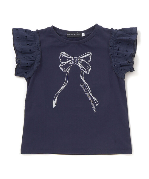 BeBe Petits Pois Vert(ベベプチポワヴェール)の「袖異素材リボン刺しゅうTシャツ(Tシャツ/カットソー・キッズ・ピンク/ネイビー/ホワイト・110cm/120cm/130cm/140cm/150cm)」の11枚目の写真