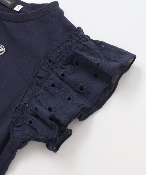 BeBe Petits Pois Vert(ベベプチポワヴェール)の「袖異素材リボン刺しゅうTシャツ(Tシャツ/カットソー・キッズ・ピンク/ネイビー/ホワイト・110cm/120cm/130cm/140cm/150cm)」の16枚目の写真