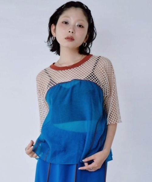 Paradise Picnic(パラダイスピクニック)の「HCAE カラーブロックシアーメッシュトップ(Tシャツ/カットソー・レディース・ブラウン/グリーン/ベージュ・FREE)」の3枚目の写真