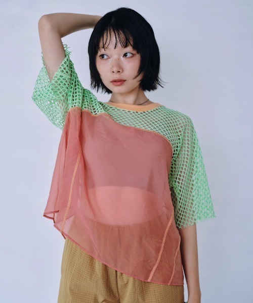 Paradise Picnic(パラダイスピクニック)の「HCAE カラーブロックシアーメッシュトップ(Tシャツ/カットソー・レディース・ブラウン/グリーン/ベージュ・FREE)」の1枚目の写真