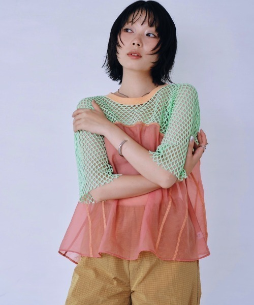 Paradise Picnic(パラダイスピクニック)の「HCAE カラーブロックシアーメッシュトップ(Tシャツ/カットソー・レディース・ブラウン/グリーン/ベージュ・FREE)」の7枚目の写真