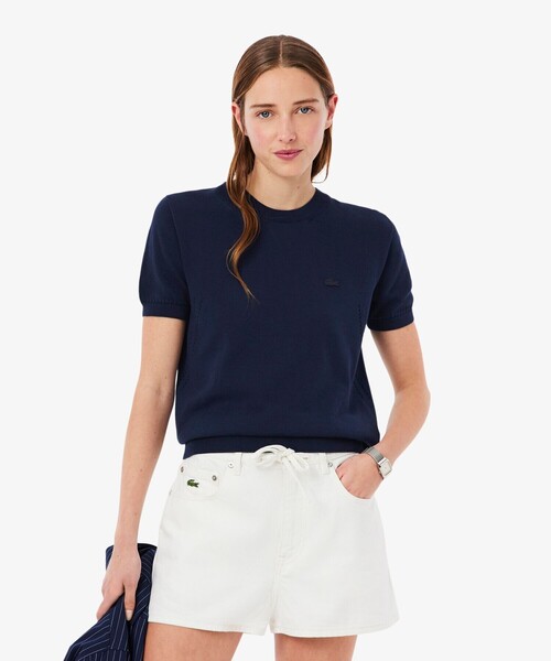 LACOSTE(ラコステ)の「透かし編み シームレス3Dニット半袖セーター(ニット/セーター・レディース・ネイビー/イエロー・40/38/36/34)」の2枚目の写真