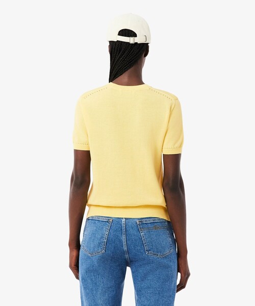 LACOSTE(ラコステ)の「透かし編み シームレス3Dニット半袖セーター(ニット/セーター・レディース・ネイビー/イエロー・40/38/36/34)」の4枚目の写真