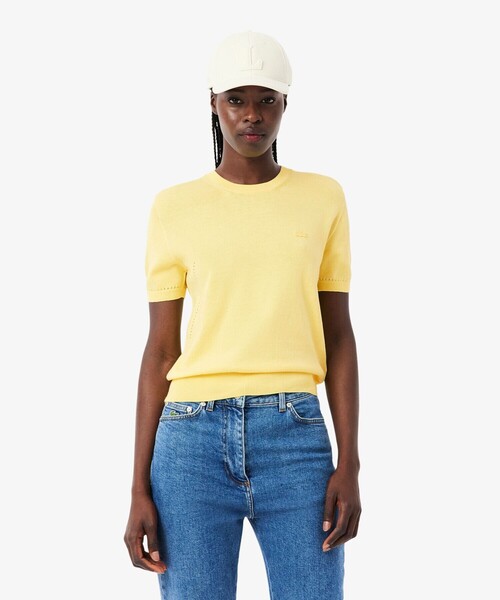 LACOSTE(ラコステ)の「透かし編み シームレス3Dニット半袖セーター(ニット/セーター・レディース・ネイビー/イエロー・40/38/36/34)」の3枚目の写真