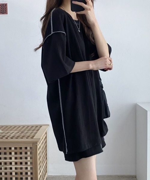boemy（ボエミー）の「【セットアップ】ステッチデザインカットソー（セットアップ・レディース・ブラック・M/L/XL）」の2枚目の写真