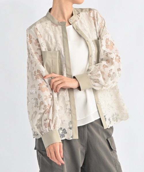 aunt lily(アントリリー)の「華やかラッセルレース スタンドネックシャツ|レースシャツ レースブラウス スタンドカラー 比翼仕立て 羽織り コットン混 きれいめ 大人カジュアル(シャツ/ブラウス・レディース・ブラック/グレー/ブルー・S/M/L/LL/3L)」の1枚目の写真