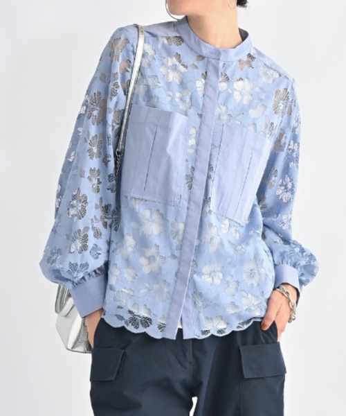 aunt lily(アントリリー)の「華やかラッセルレース スタンドネックシャツ|レースシャツ レースブラウス スタンドカラー 比翼仕立て 羽織り コットン混 きれいめ 大人カジュアル(シャツ/ブラウス・レディース・ブラック/グレー/ブルー・S/M/L/LL/3L)」の3枚目の写真