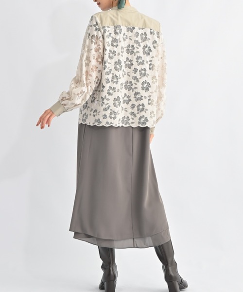 aunt lily(アントリリー)の「華やかラッセルレース スタンドネックシャツ|レースシャツ レースブラウス スタンドカラー 比翼仕立て 羽織り コットン混 きれいめ 大人カジュアル(シャツ/ブラウス・レディース・ブラック/グレー/ブルー・S/M/L/LL/3L)」の15枚目の写真
