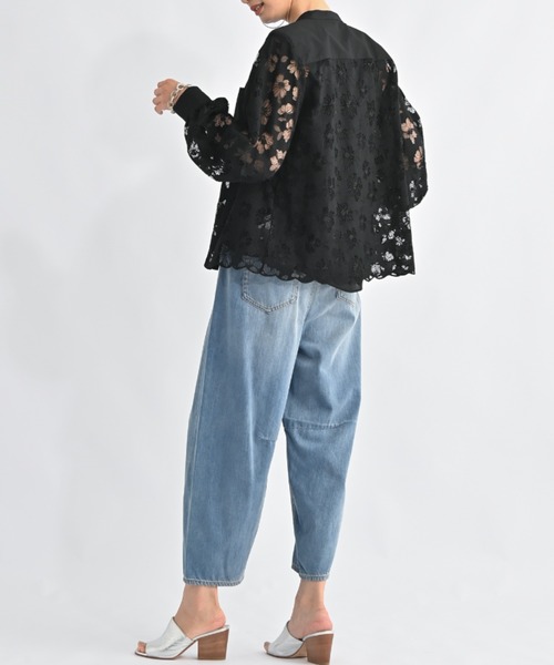 aunt lily(アントリリー)の「華やかラッセルレース スタンドネックシャツ|レースシャツ レースブラウス スタンドカラー 比翼仕立て 羽織り コットン混 きれいめ 大人カジュアル(シャツ/ブラウス・レディース・ブラック/グレー/ブルー・S/M/L/LL/3L)」の19枚目の写真