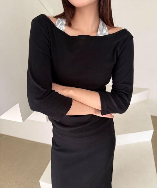 4INT.(フォイント)の「7分袖 コットン ボートネック 長袖 Tシャツ(Tシャツ/カットソー・レディース・ホワイト/グレー/ネイビー/ブラック・FREE)」の20枚目の写真