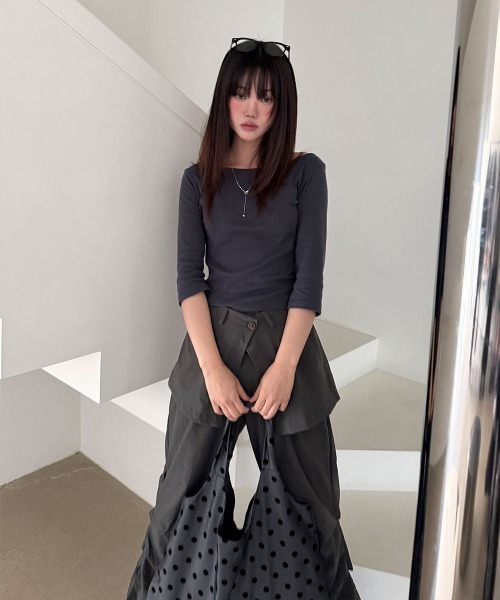 4INT.(フォイント)の「7分袖 コットン ボートネック 長袖 Tシャツ(Tシャツ/カットソー・レディース・ホワイト/グレー/ネイビー/ブラック・FREE)」の5枚目の写真