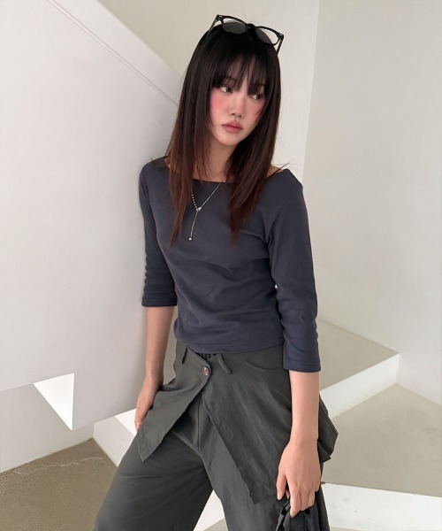 4INT.(フォイント)の「7分袖 コットン ボートネック 長袖 Tシャツ(Tシャツ/カットソー・レディース・ホワイト/グレー/ネイビー/ブラック・FREE)」の6枚目の写真