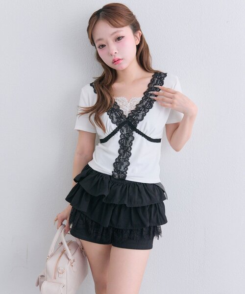OLIVE des OLIVE(オリーブデオリーブ)の「レース半袖トップス(Tシャツ/カットソー・レディース・ブラック/ピンク/オフホワイト・FREE)」の4枚目の写真