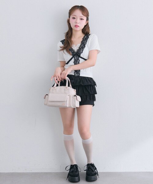 OLIVE des OLIVE(オリーブデオリーブ)の「レース半袖トップス(Tシャツ/カットソー・レディース・ブラック/ピンク/オフホワイト・FREE)」の6枚目の写真