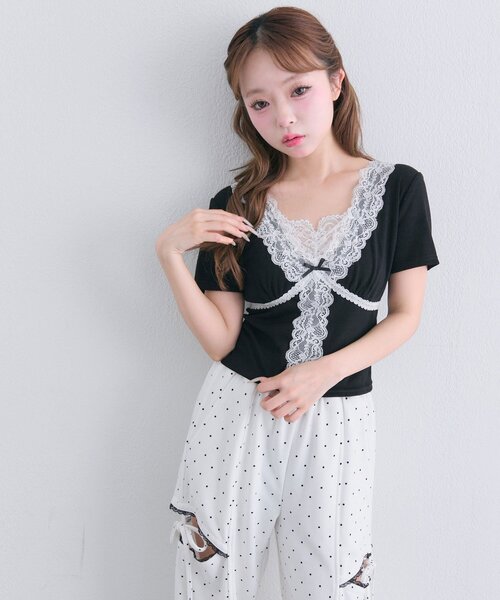 OLIVE des OLIVE(オリーブデオリーブ)の「レース半袖トップス(Tシャツ/カットソー・レディース・ブラック/ピンク/オフホワイト・FREE)」の8枚目の写真