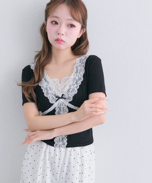 OLIVE des OLIVE(オリーブデオリーブ)の「レース半袖トップス(Tシャツ/カットソー・レディース・ブラック/ピンク/オフホワイト・FREE)」の9枚目の写真