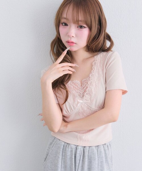 OLIVE des OLIVE(オリーブデオリーブ)の「レース半袖トップス(Tシャツ/カットソー・レディース・ブラック/ピンク/オフホワイト・FREE)」の12枚目の写真