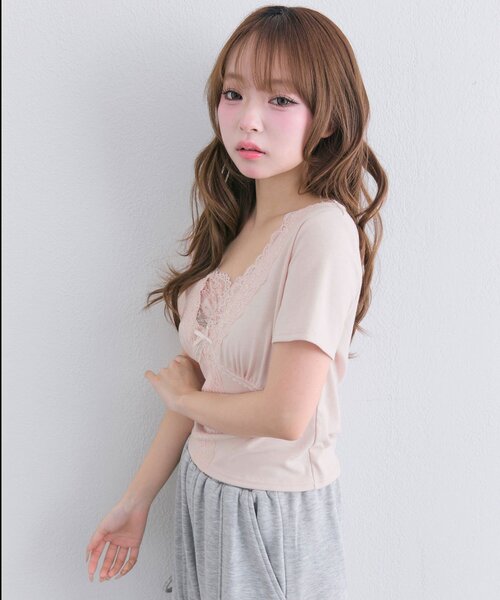 OLIVE des OLIVE(オリーブデオリーブ)の「レース半袖トップス(Tシャツ/カットソー・レディース・ブラック/ピンク/オフホワイト・FREE)」の14枚目の写真