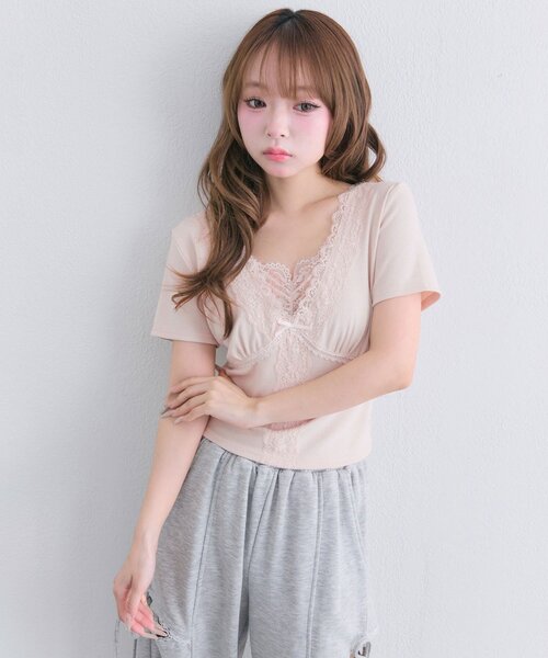 OLIVE des OLIVE(オリーブデオリーブ)の「レース半袖トップス(Tシャツ/カットソー・レディース・ブラック/ピンク/オフホワイト・FREE)」の15枚目の写真