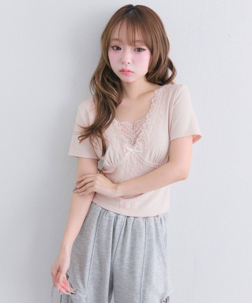 OLIVE des OLIVE(オリーブデオリーブ)の「レース半袖トップス(Tシャツ/カットソー・レディース・ブラック/ピンク/オフホワイト・FREE)」の1枚目の写真