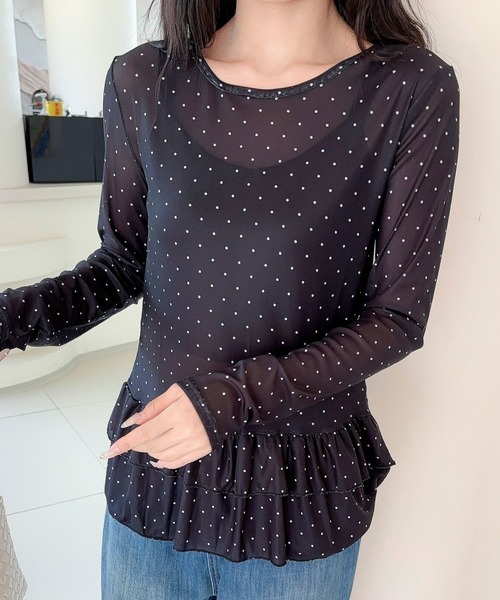 Jasmine Grandiflorum(ジャスミングランディフローラム)の「【Jasmine】ティアードフリルドッドシアートップス(Tシャツ/カットソー・レディース・ブラック/ホワイト・FREE)」の3枚目の写真